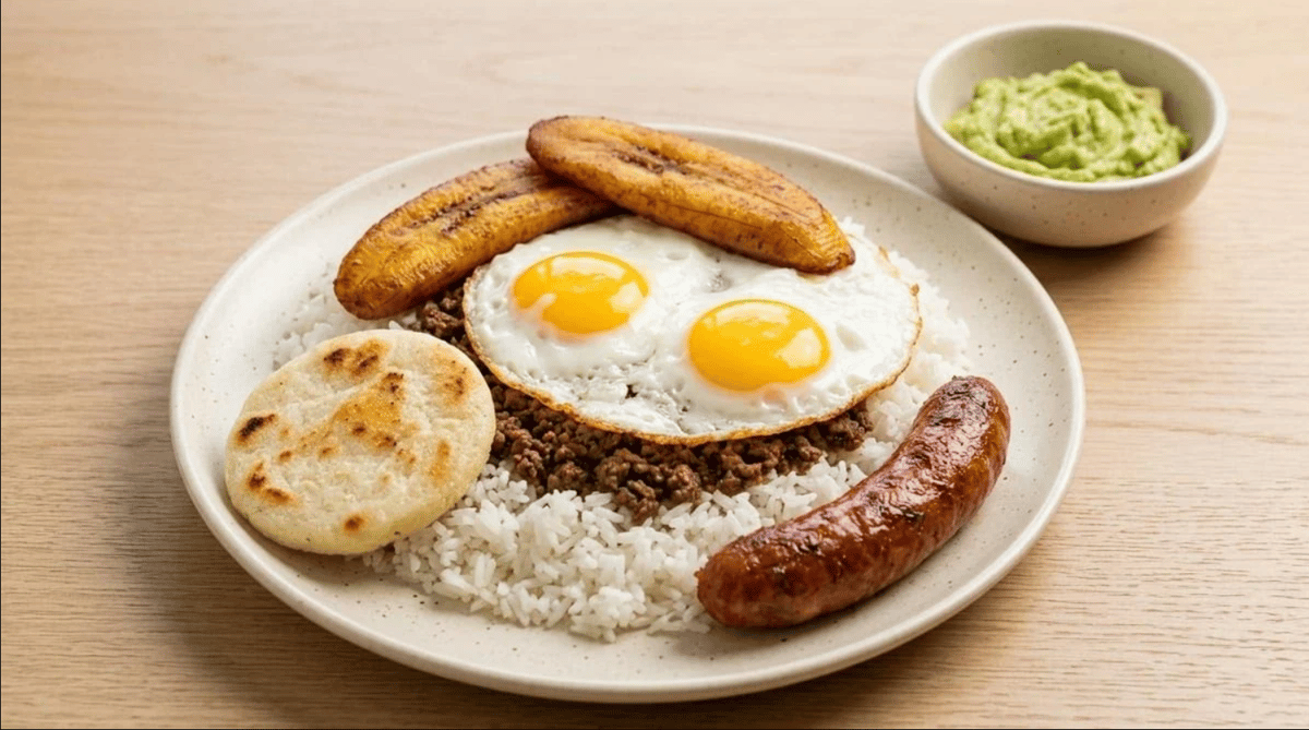 Colombian Bandeja Paisa with crispy pork belly, steak, rice, and egg